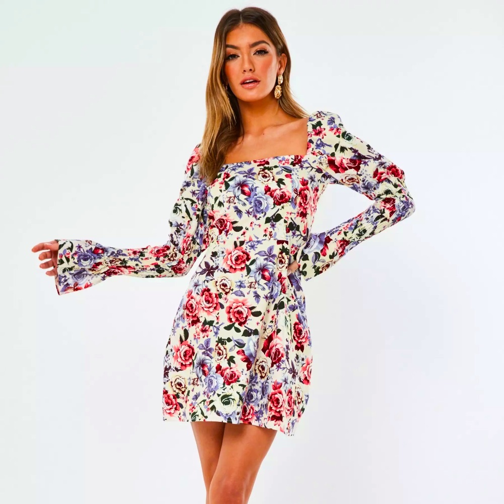 White Floral Shirred Sleeve Milkmaid Mini Dress
